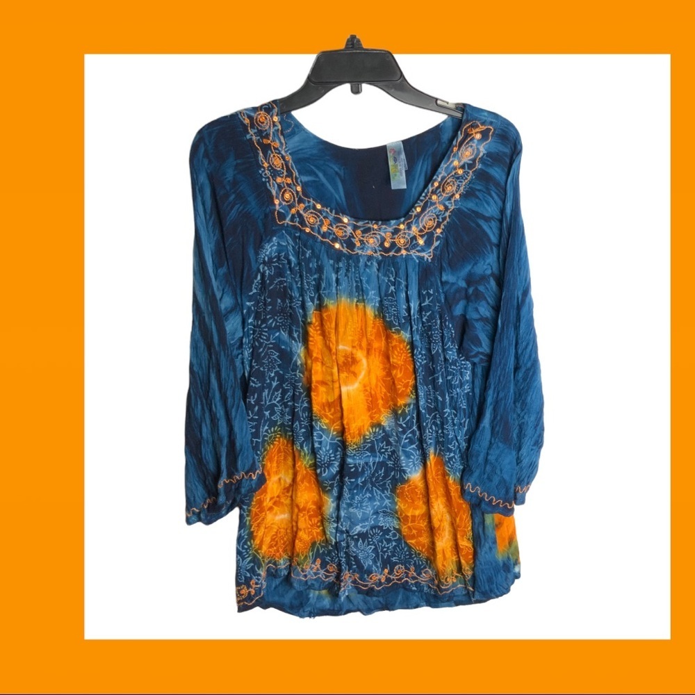 India Boutique Blues & Oranges Tye Dye Floral Tunic Top Wm L